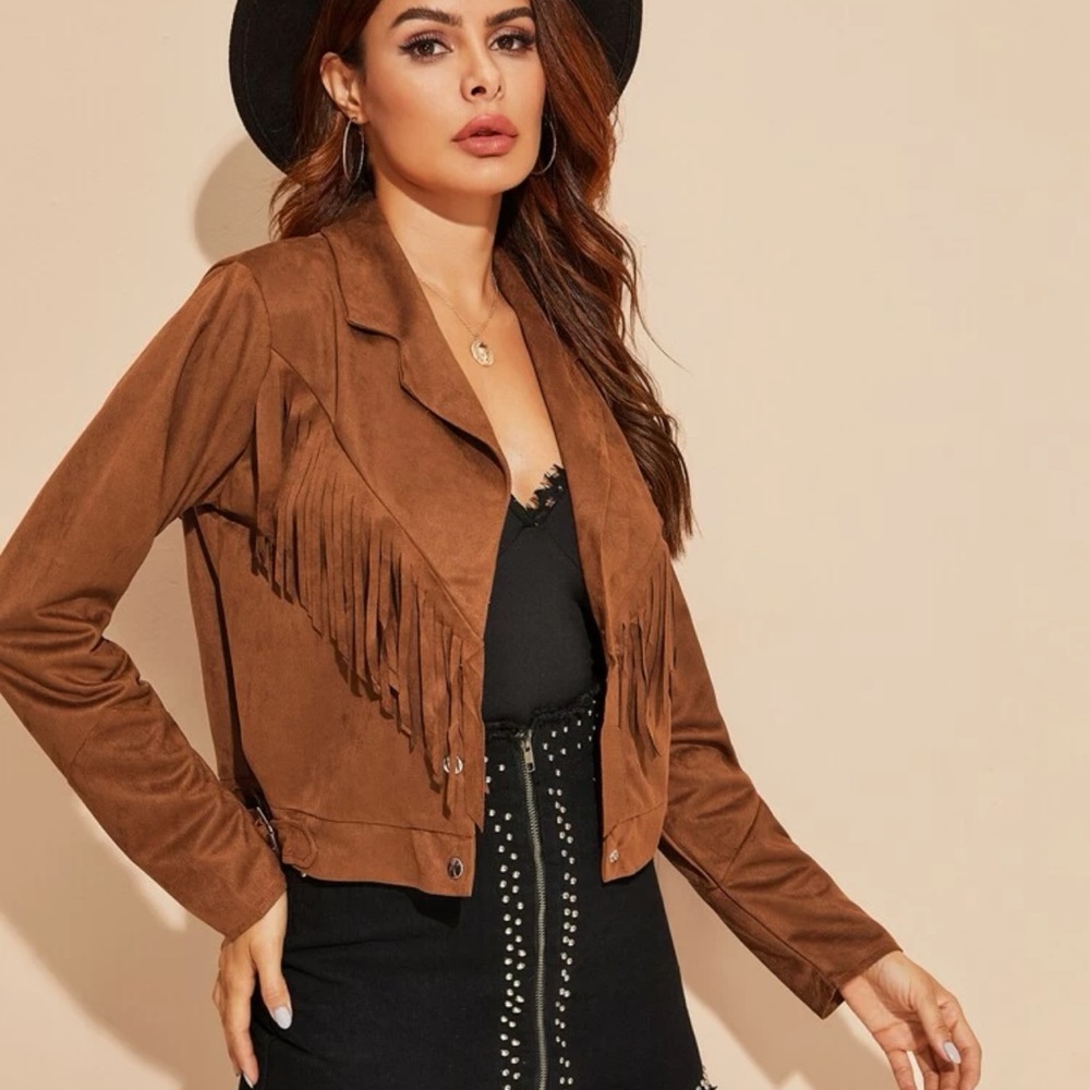 SHEIN Notched collar Fringe trim Suede Jacket